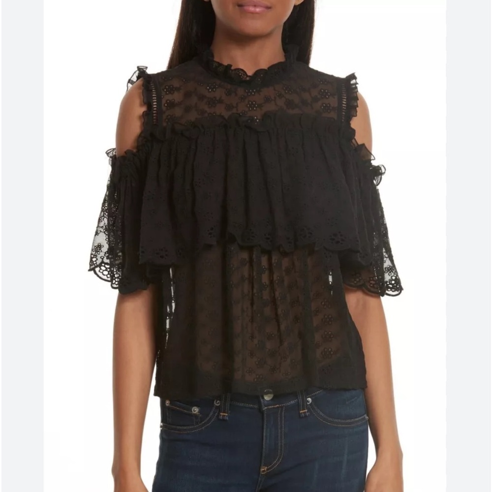 Rebecca Taylor Open Shoulder black lace top
